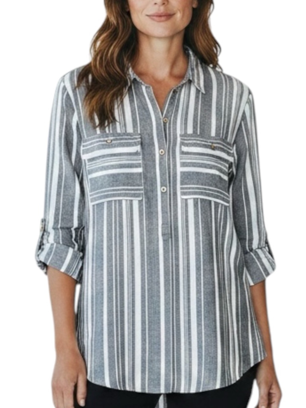 ELLEN TRACY Gray & White Stripe Button-Front Linen Shirt Size Large